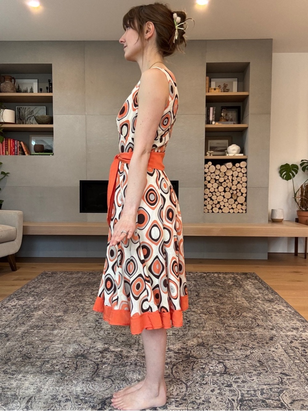 Vintage cotton and silk Retro Geo Print Orange sleeveless Dress - Picture 4 of 17